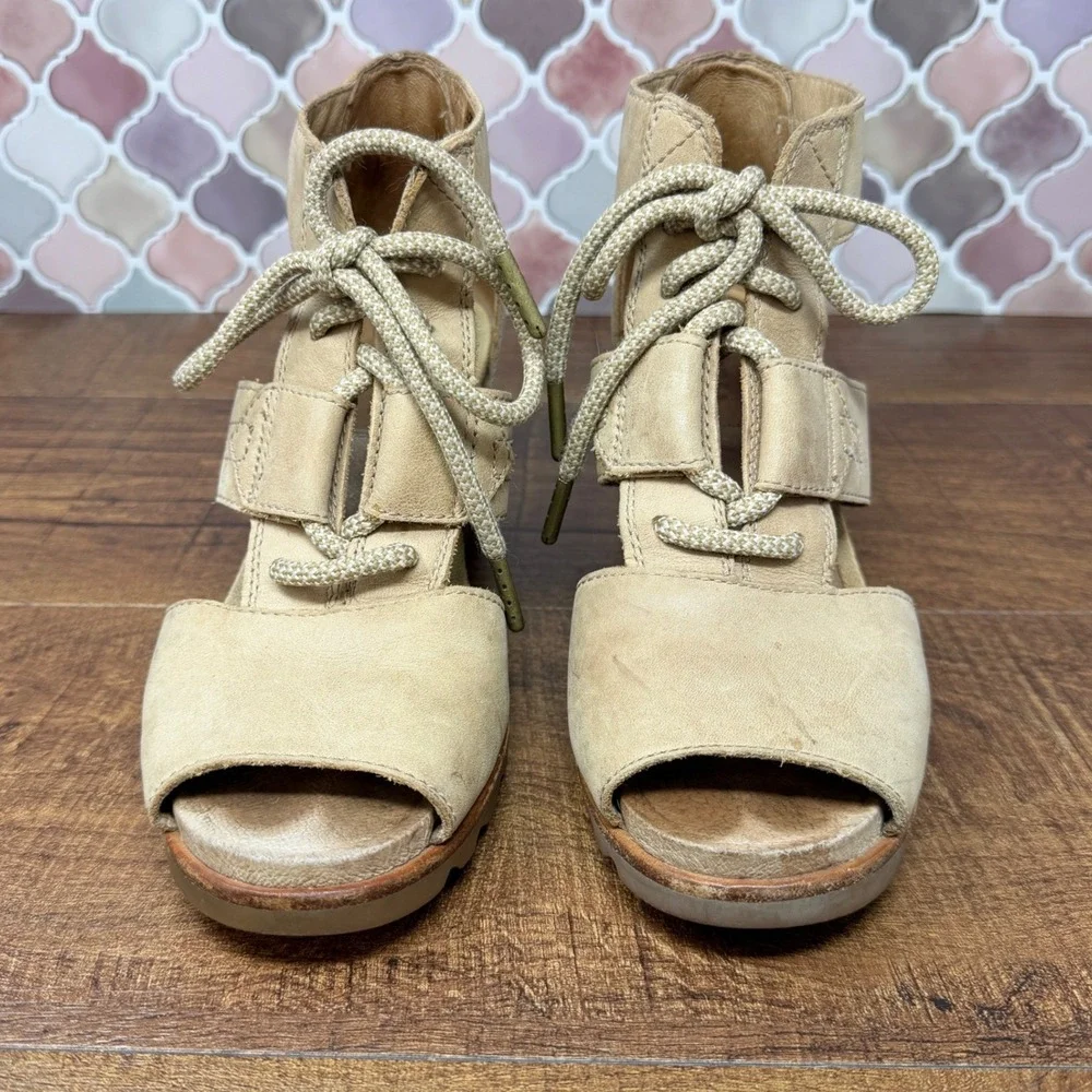 SOREL Joanie Lace Sandal Tan Suede Wedge Heel Open Toe 6